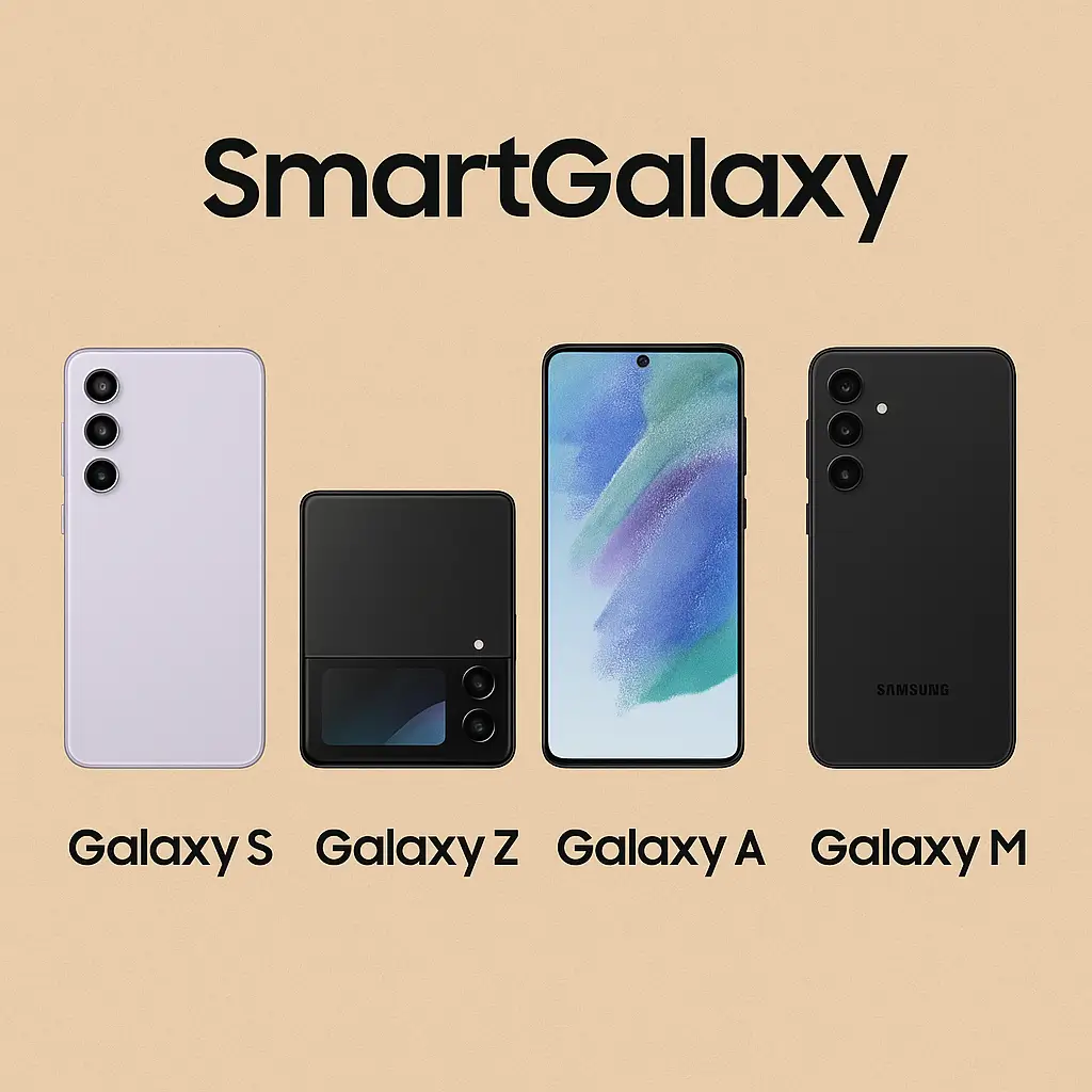 صورة توضح أربعة هواتف سامسونج من سلاسل Galaxy S و Galaxy Z القابل للطي و Galaxy A و Galaxy M مع كلمة SmartGalaxy في الأعلى