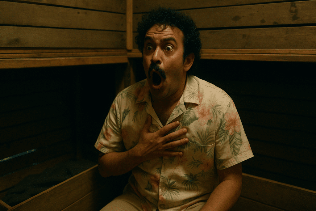 بطل الفيلم يجلس داخل صندوق خشبي بتعبير وجه صادم، مرتديًا قميص هاواي ملون